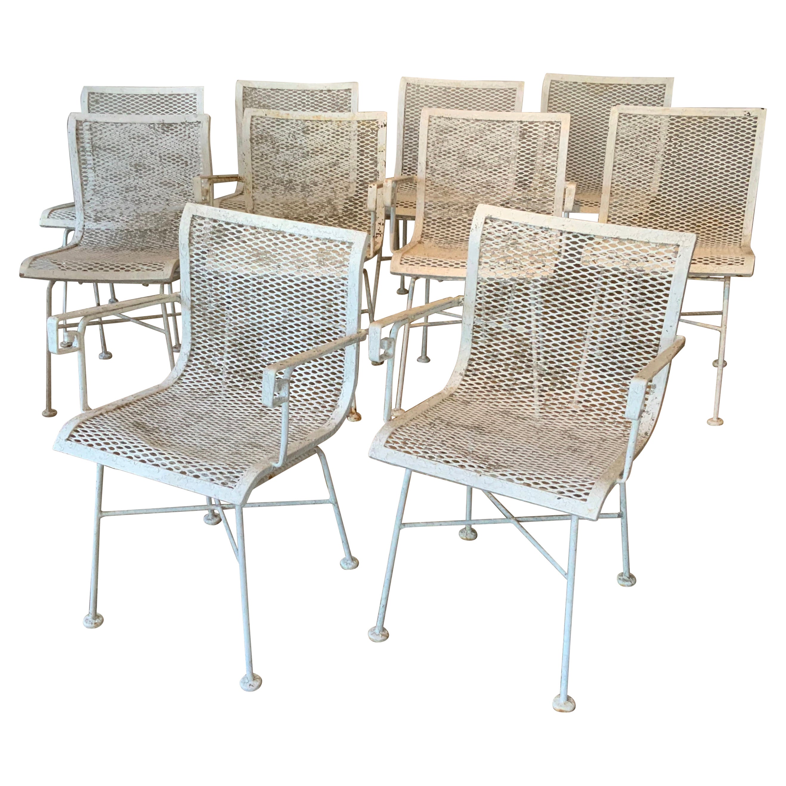 Set of Ten Greek Key Wrought Iron Garden Chairs, c. 1950