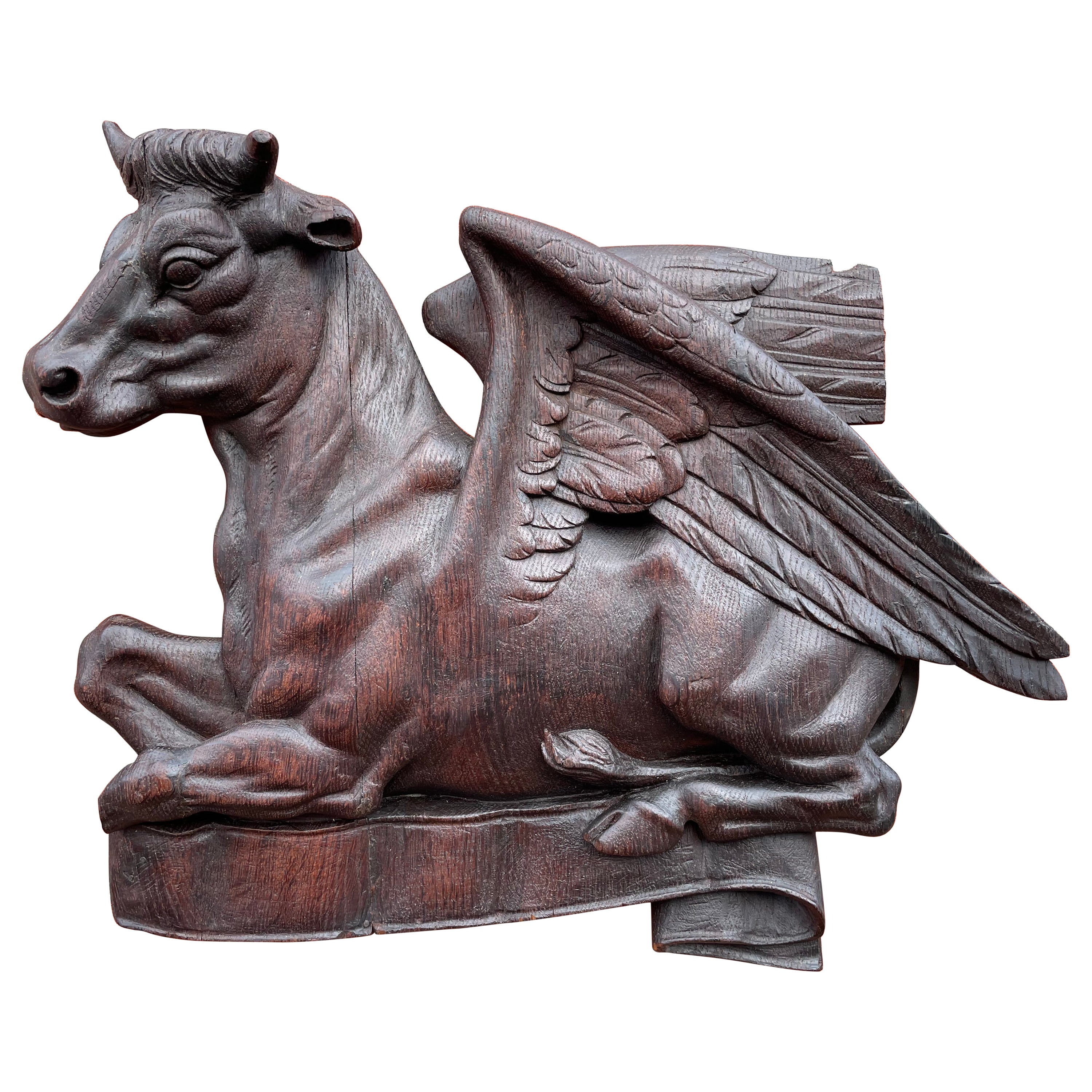 Antique Hand Carved Oak Winged Ox Sculpture, Symbol of Saint Luke the Evangelist For Sale