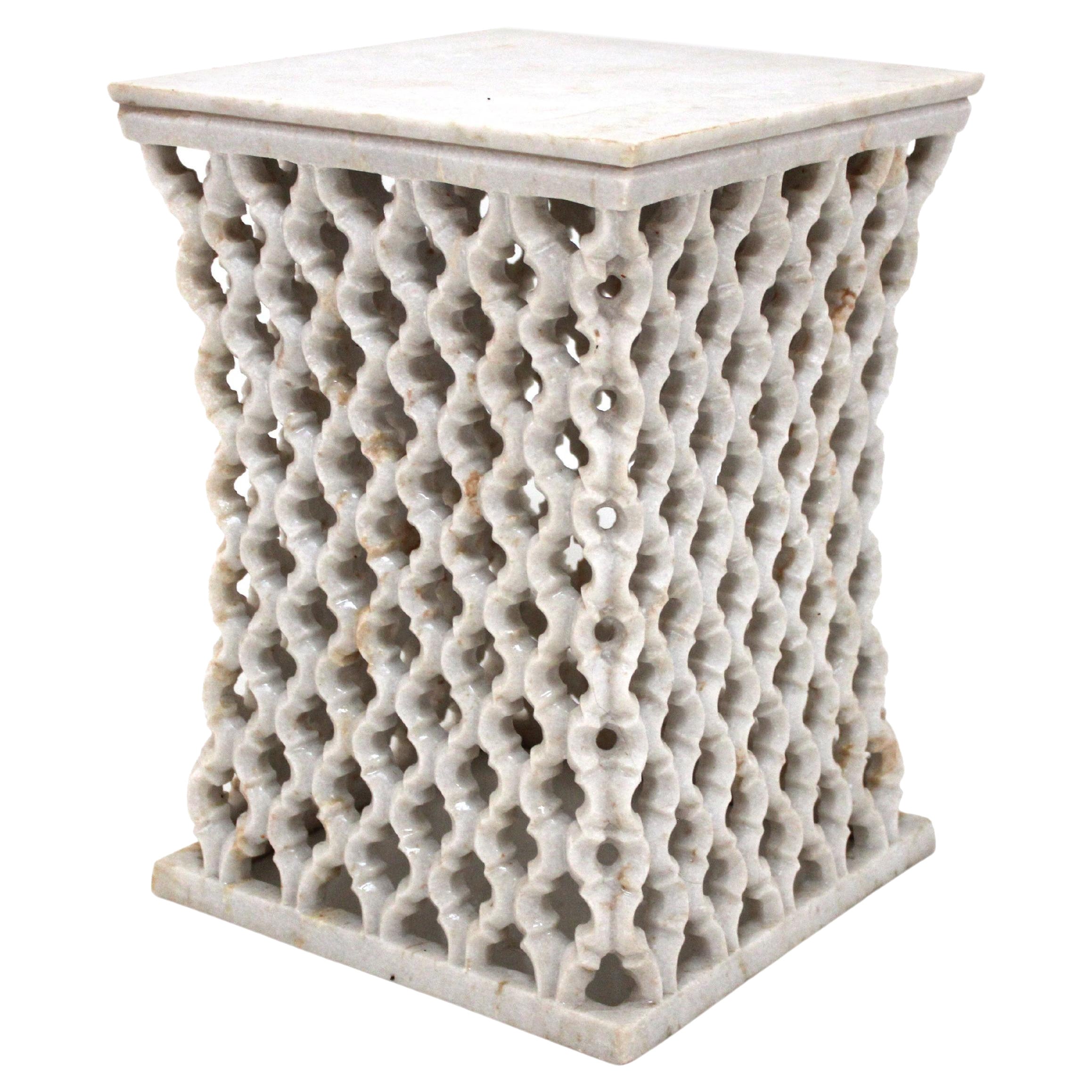 Modern White Marble Side Table or Bedside Tables Hand-Carved by Paul Mathieu For Sale