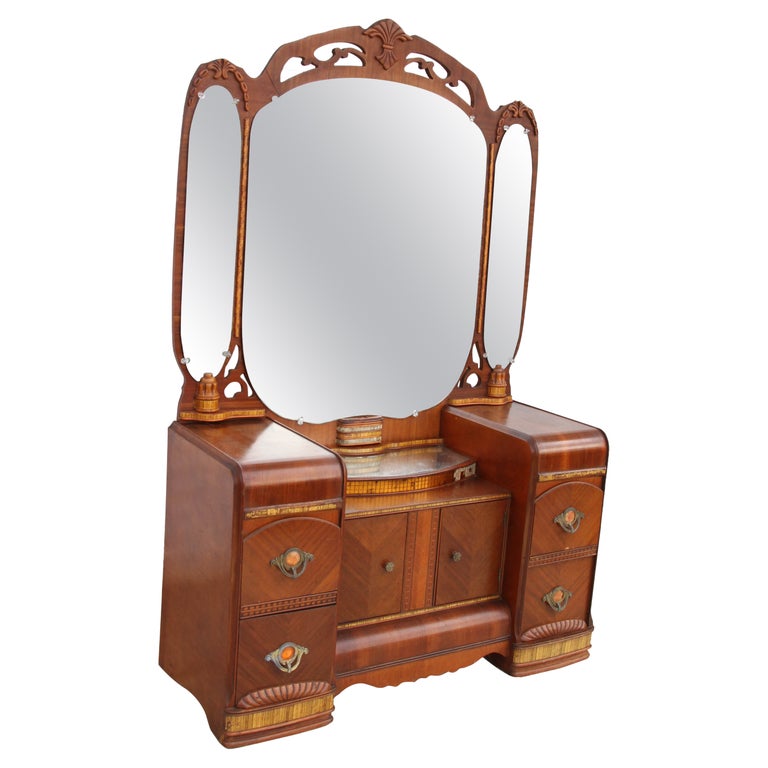 Art Deco Antique Waterfall Dresser with Carved Mirror For Sale