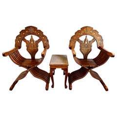 Pair of Vintage Brass Inlay Savonarola Folding Chairs and Table, 3 Pcs