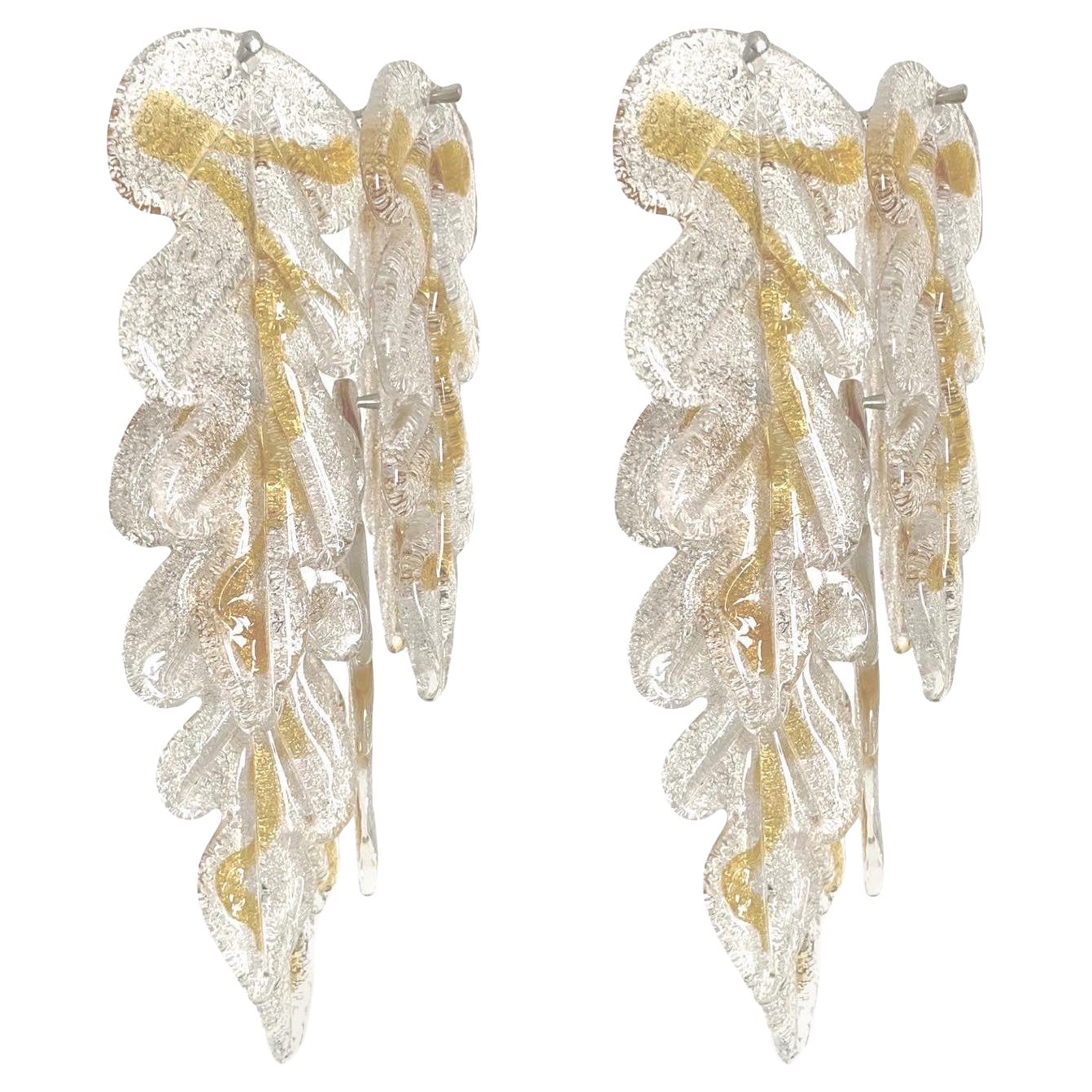 Italian Midcentury Pair of Clear Amber Murano Wall Sconces by Mazzega, 1970s For Sale