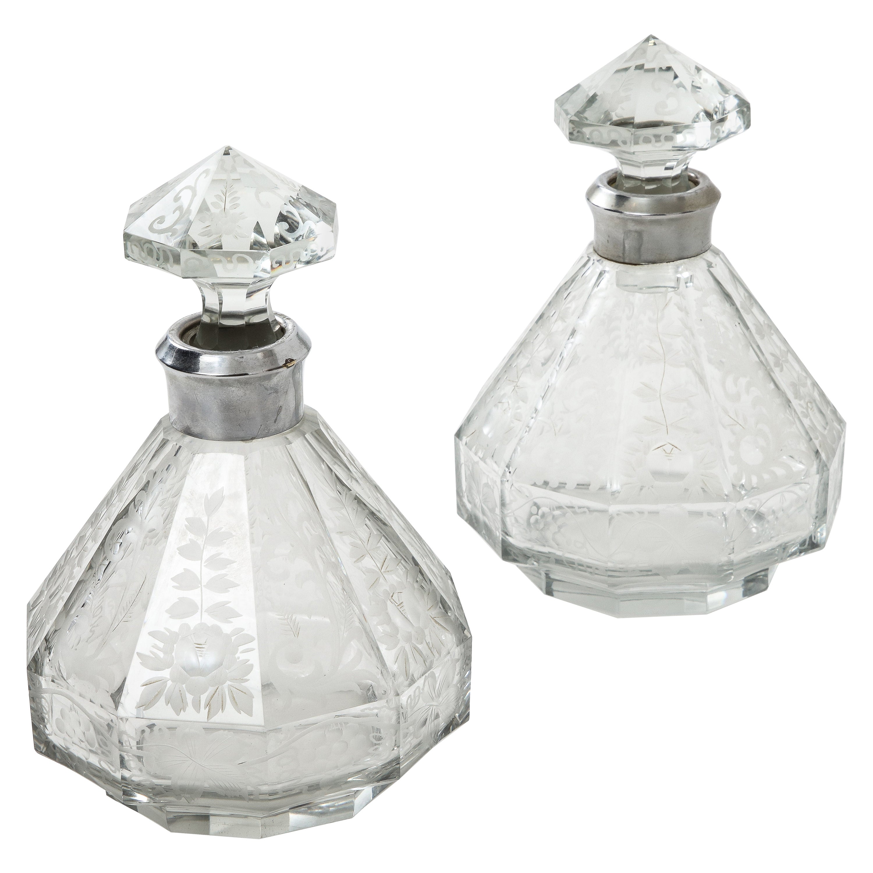 1940's Etched Glass Decanters With Stoppers