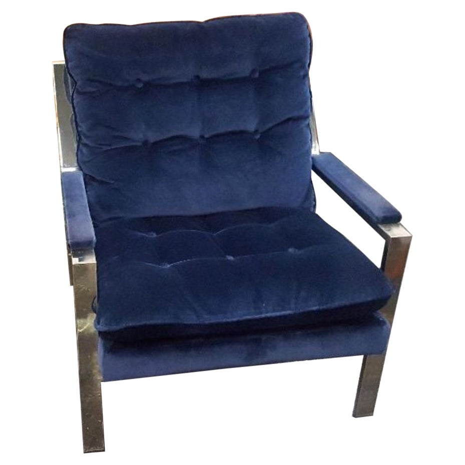 Vintage 1970s Chrome Blue Velvet Lounge Chair Cy Mann Milo Baughman