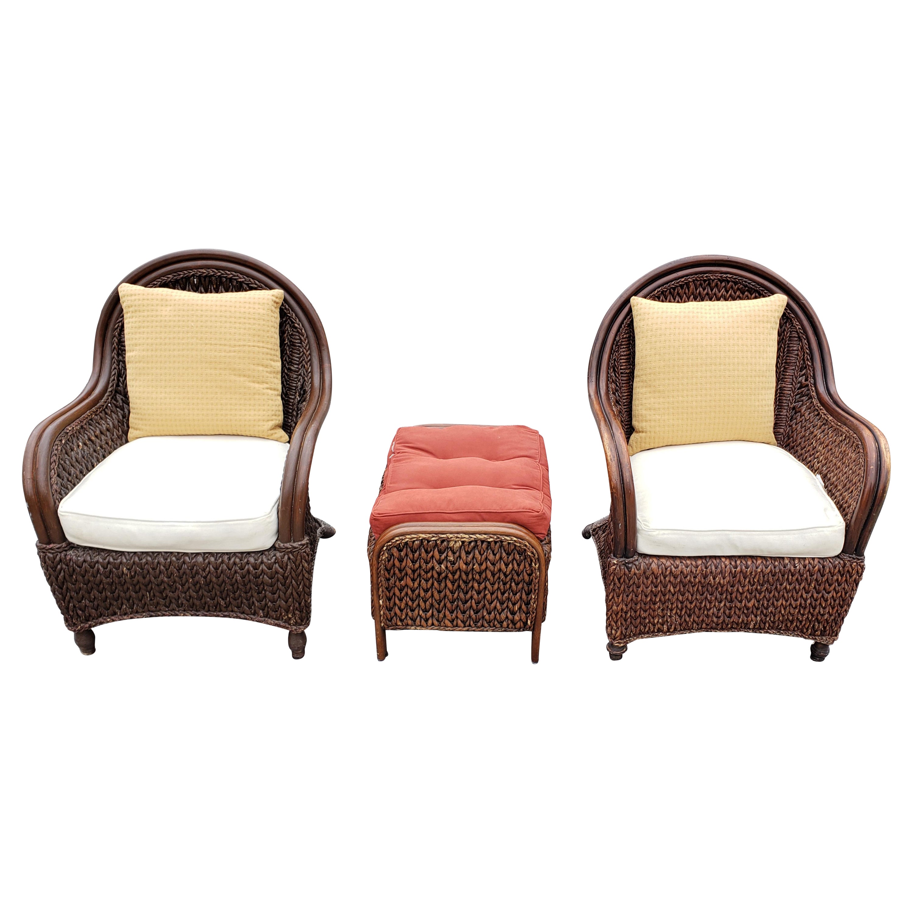 A Pair of 1980s Rattan and Rush Lounge Chairs with Ottoman Set 