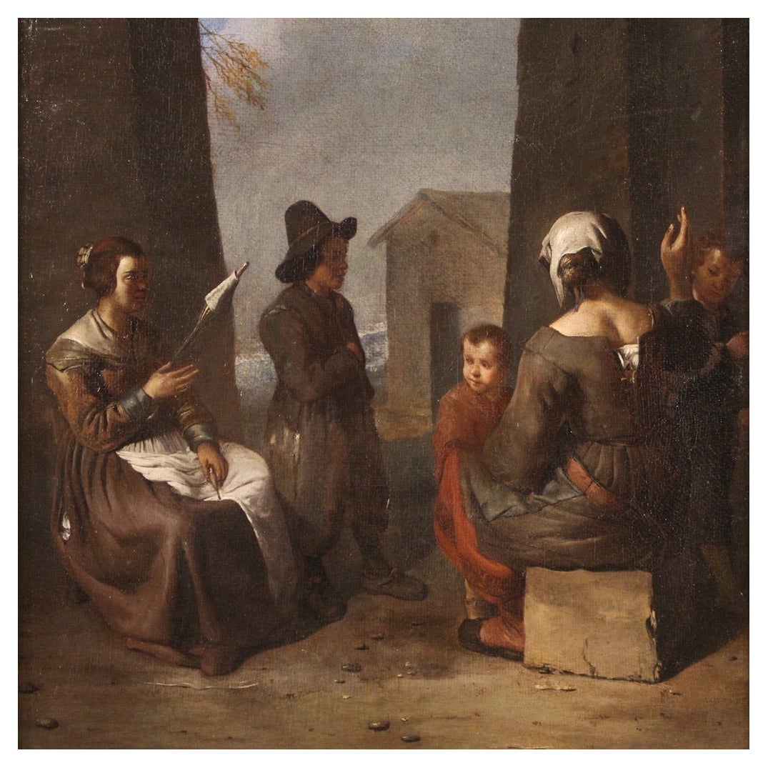 17th Century Oil on Canvas Italian Bamboccianti School Painting Genre Scene 1650