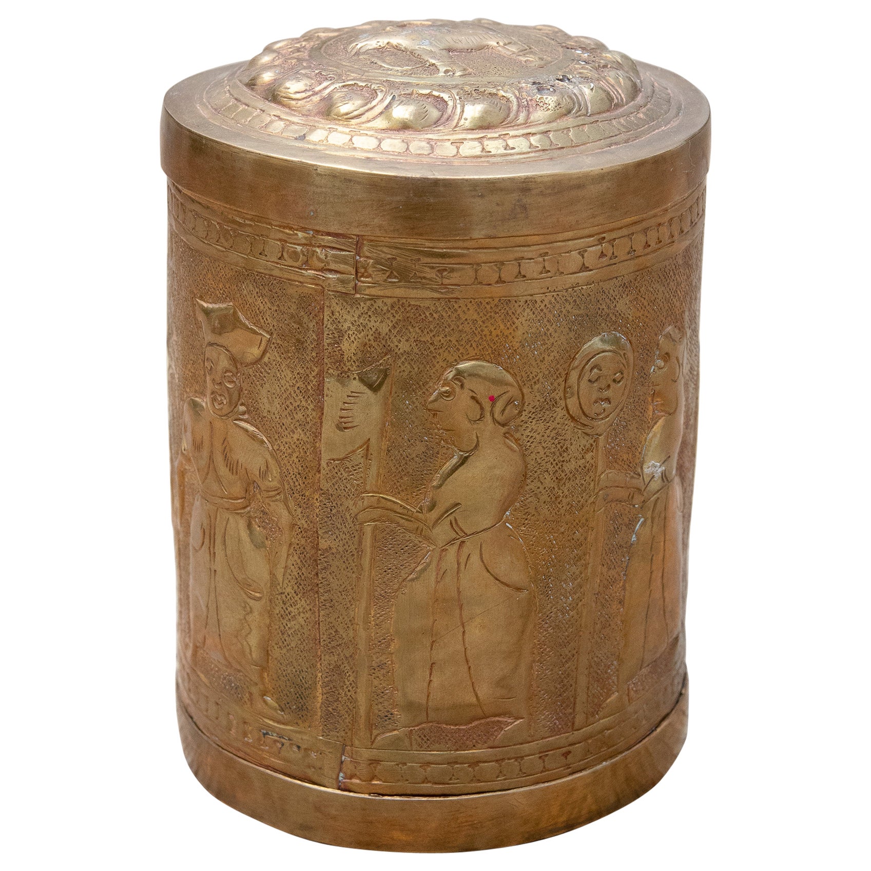 1950s Tibetan Hand-Carved Metal Box with a Costumbrist Scene For Sale