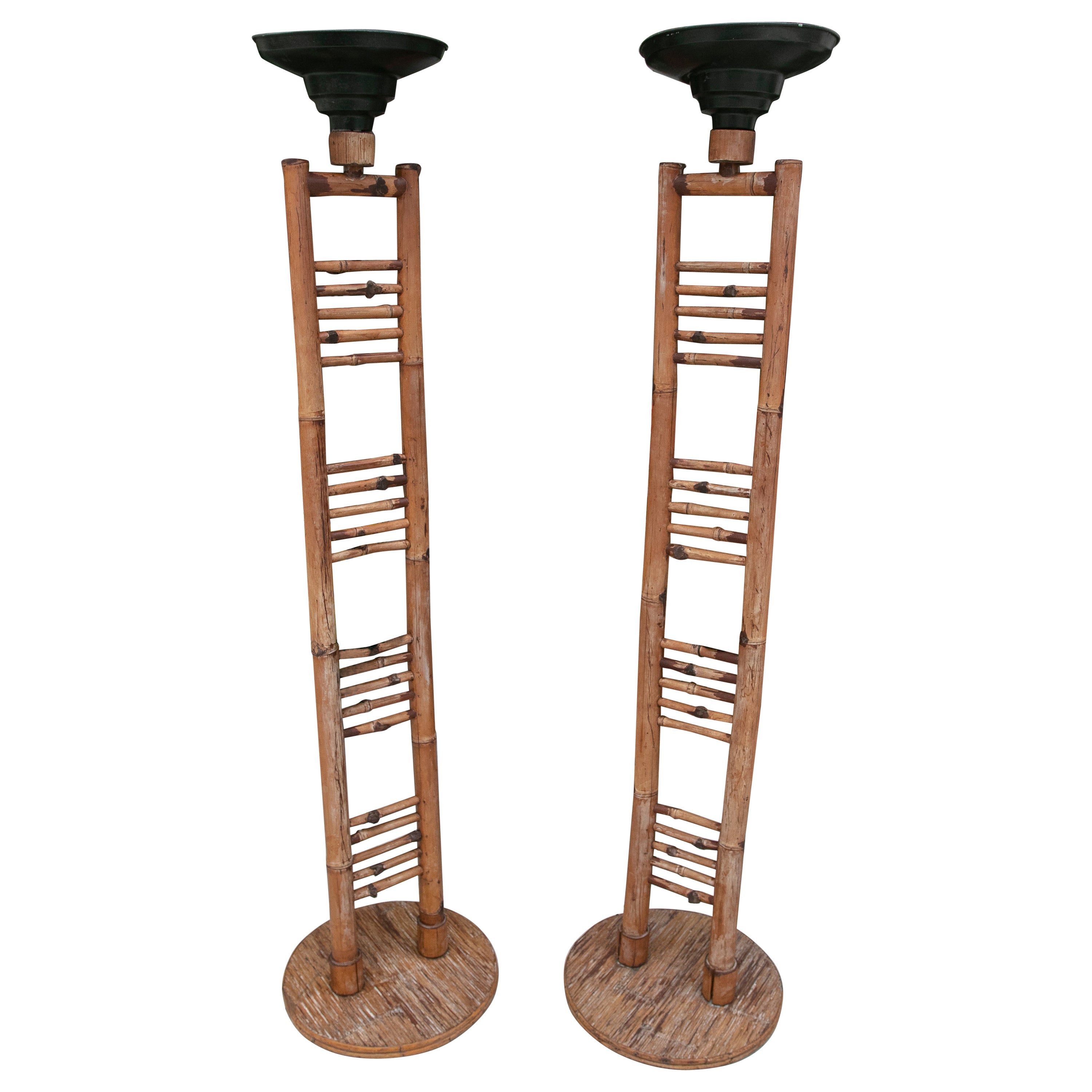 1970s Pair of Bamboo Lamps with Metal on Top