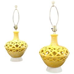 Pair of Pierced Yellow Glaze Pottery Mid-Century Modern Lamps
