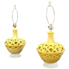 Pair of Pierced Yellow Glaze Pottery Mid-Century Modern Lamps 8