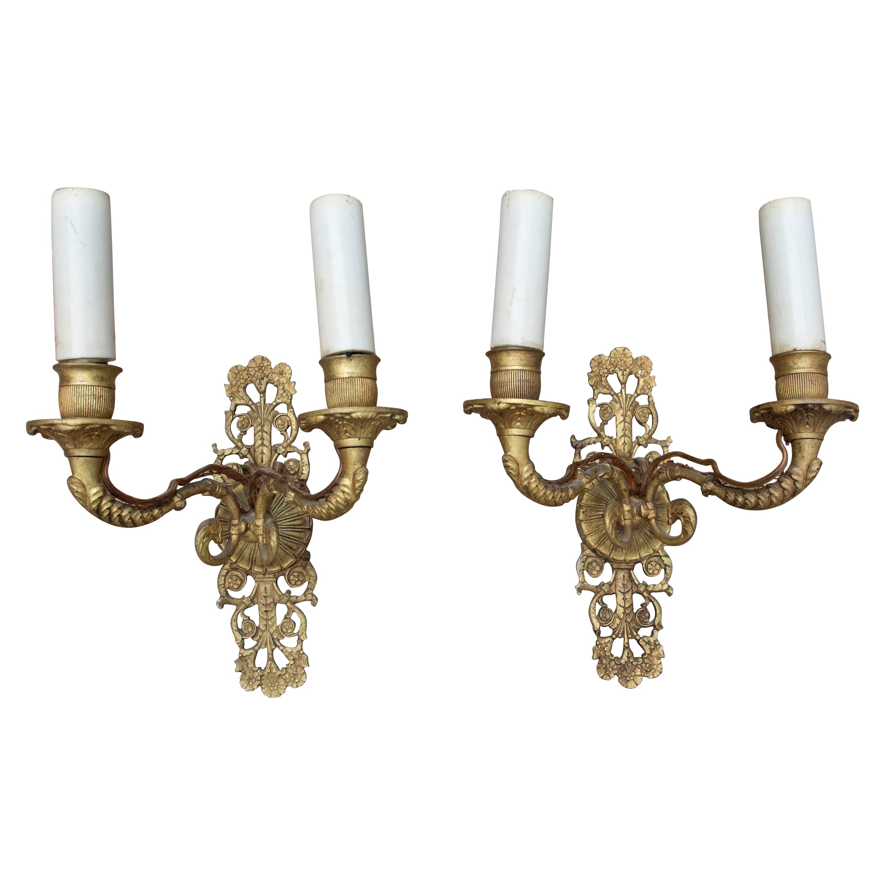 19th Century French Pair of Gilt Bronze Sconces For Sale