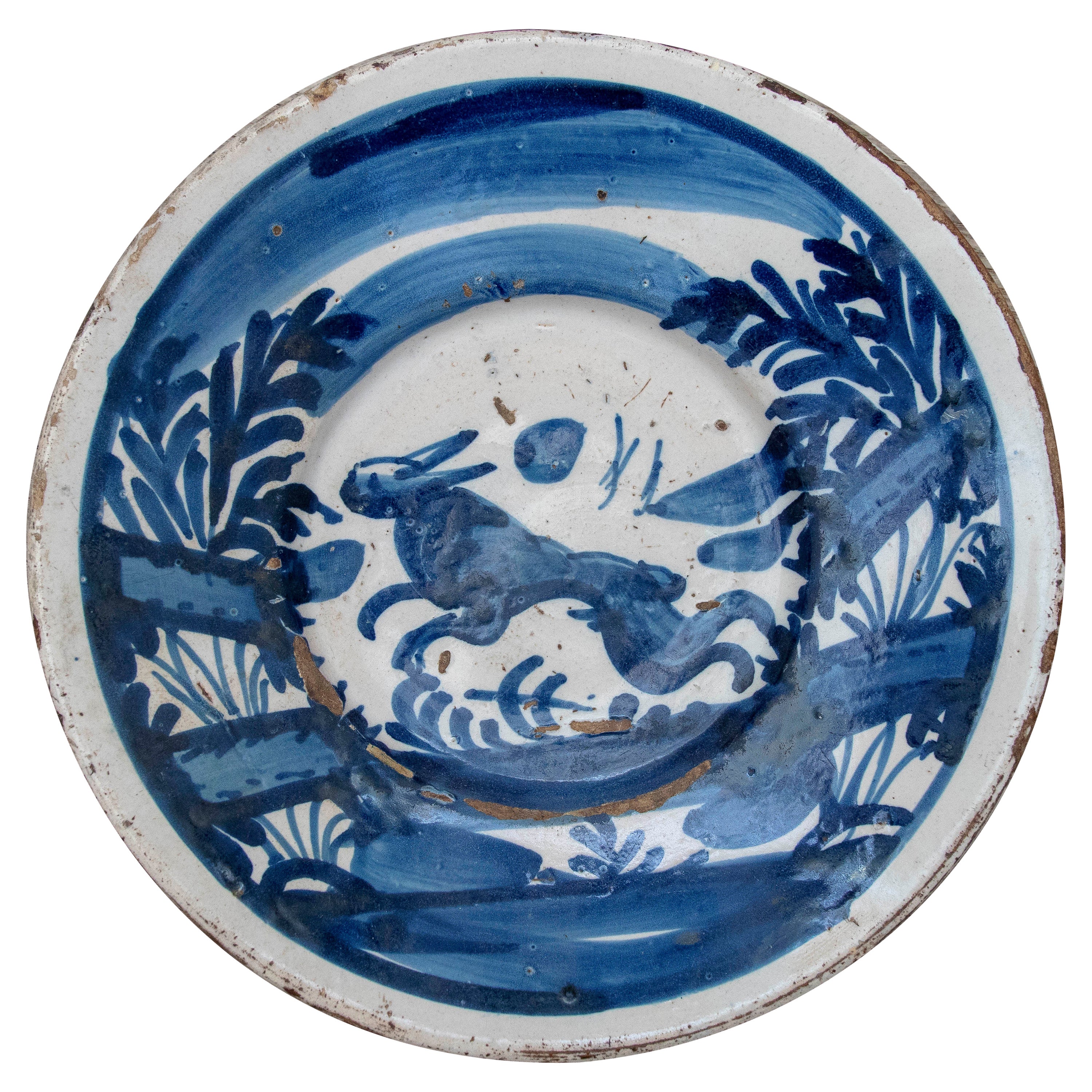 18th Century Spanish Ceramic Plate with a Country Scene For Sale