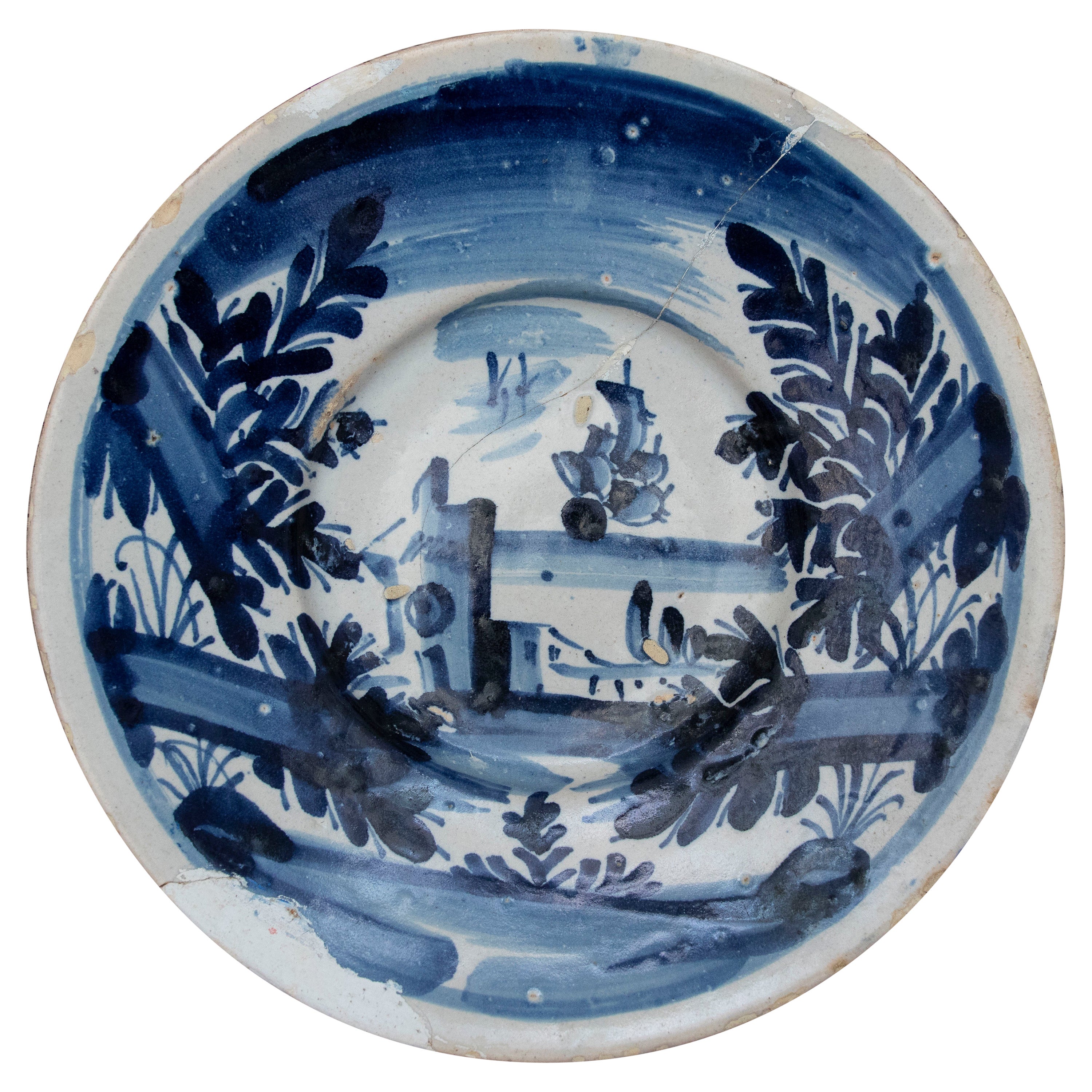 18th Century Spanish Ceramic Plate with Architectural Scene For Sale