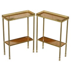Pair of Small circa 1960 Mid-Century Modern Brass & Gold Gilt Glass Side Tables