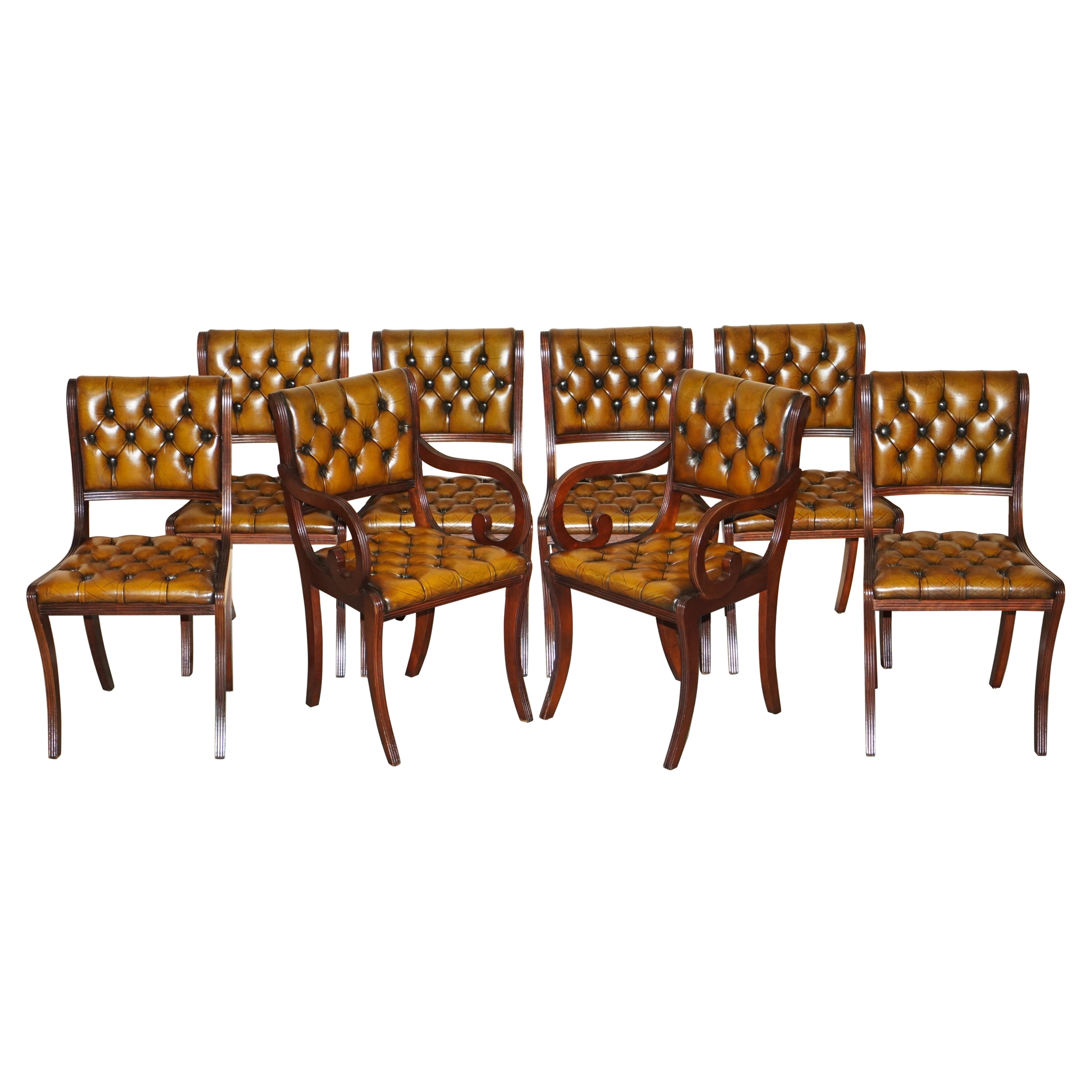Eight Vintage Hardwood Fully Restored Chesterfield Brown Leather Dining Chairs 8