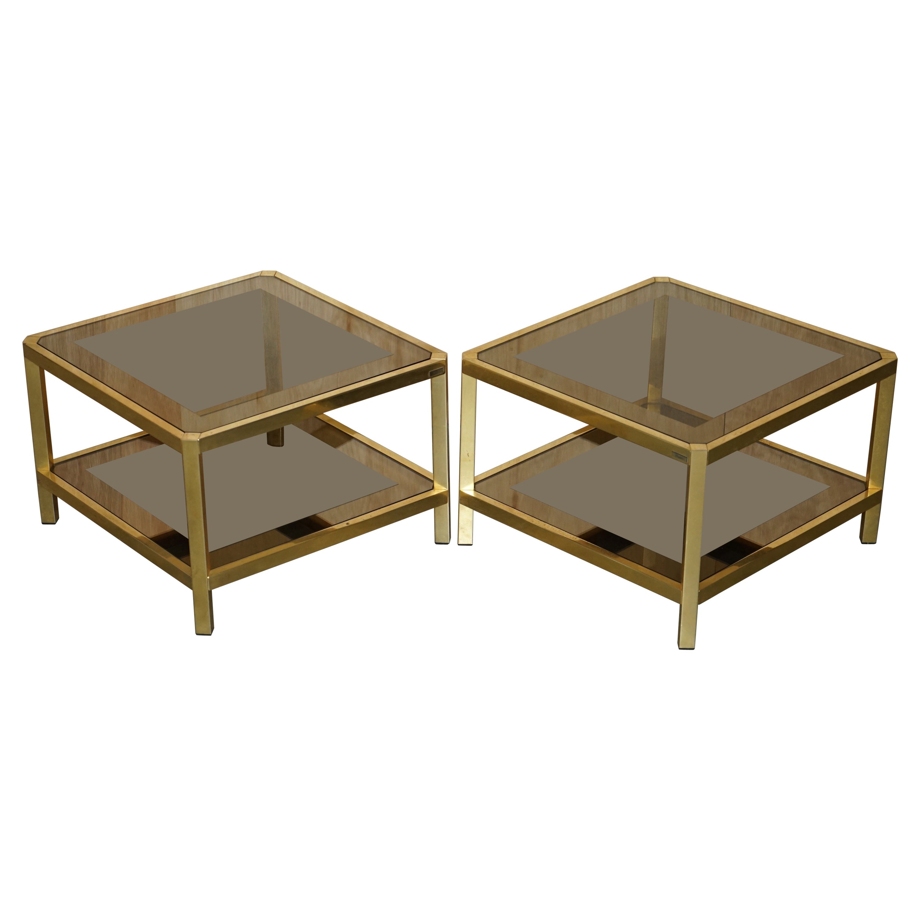 Pair of circa 1960 Fedam Mid Century Modern Brass & Glass Side Tables Part Suite