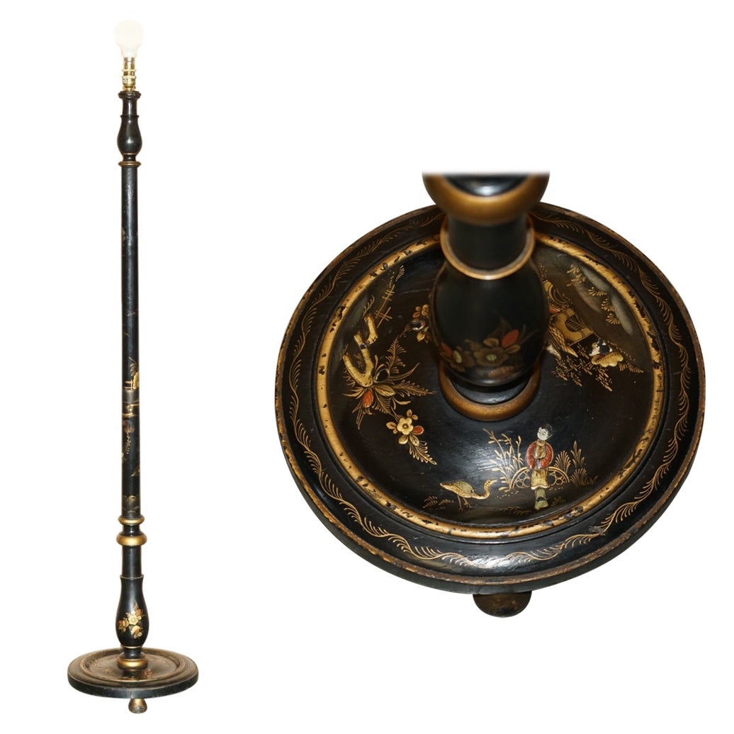 LOVELY CHINESE EXPORT CIRCA 1920 ANTIQUE CHINOiSERIE SCHWARZE LACQUER FLOOR LAMP