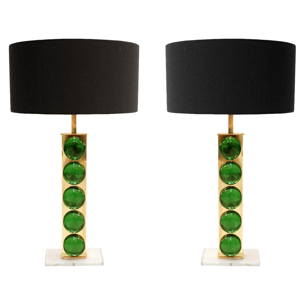 Mid-Century Modern Green Murano Glass and Brass Pair of Italian Table Lamps For Sale