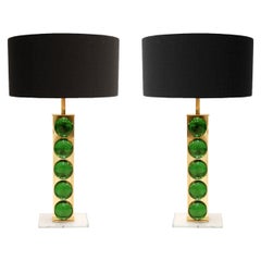 Mid-Century Modern Green Murano Glass and Brass Pair of Italian Table Lamps
