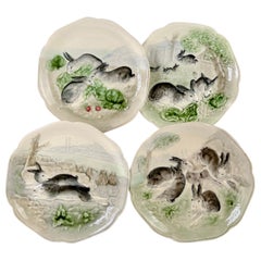 Used Set of 6 Choisy le Roi Majolica Bunny Plates w Molded Relief Rabbits & Radishes