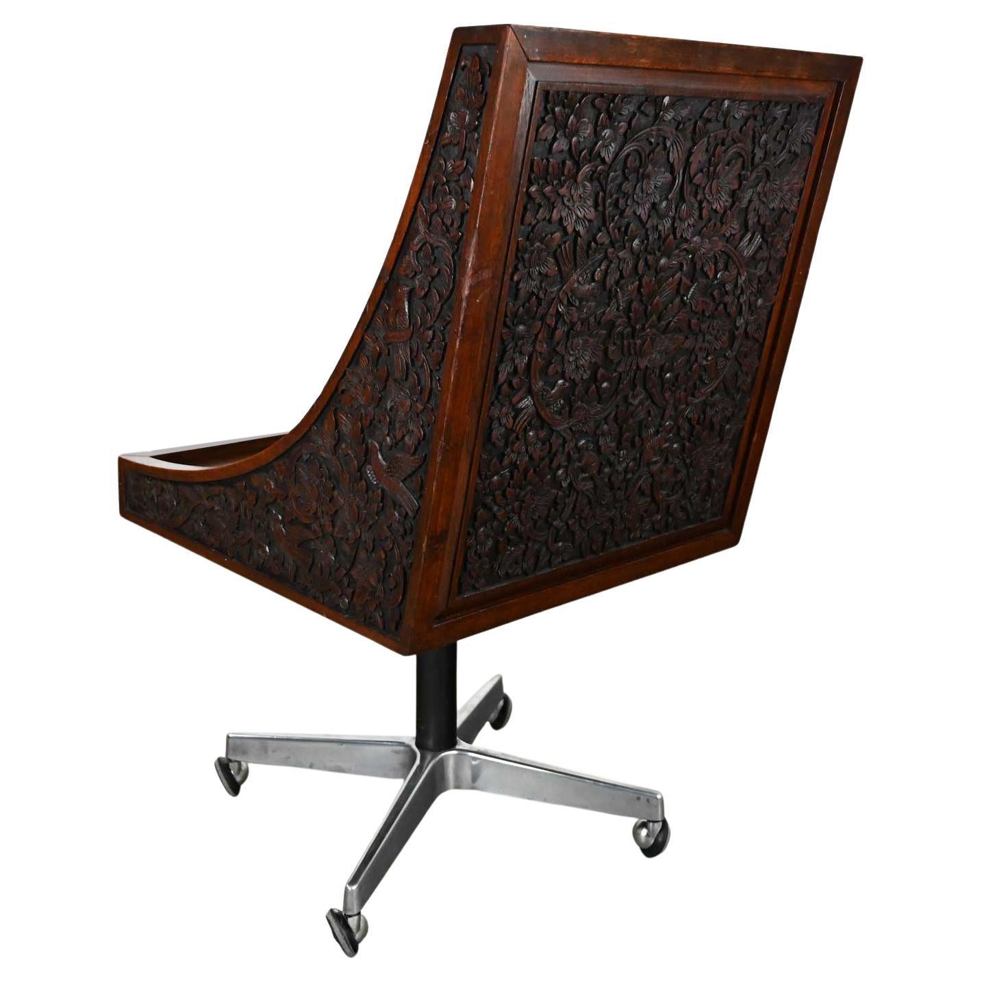 Vintage Chinoiserie Hand Carved Rosewood Rolling Desk Chair Bangkok Thailand For Sale