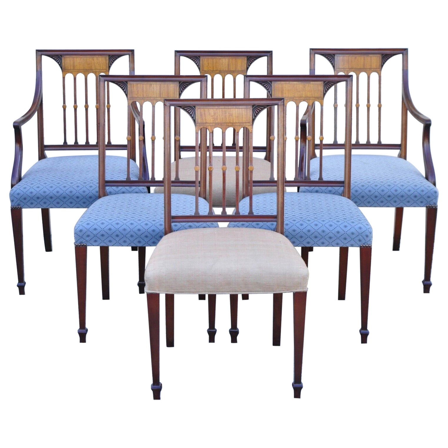 Chaises de salle à manger anglaises vintage de style Hepplewhite en acajou et bois de citronnier incrusté - Lot de 6