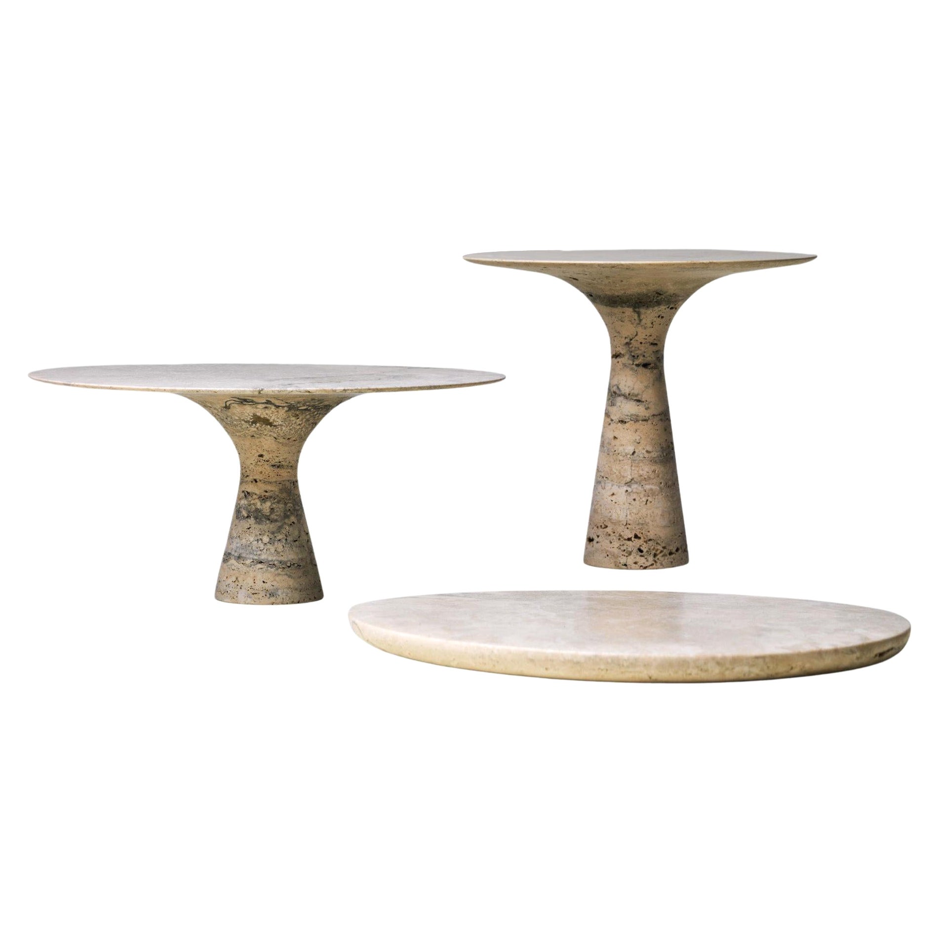 Set of 3 Refined Contemporary Marble Travertino Silver Cake Stands and Plate For Sale