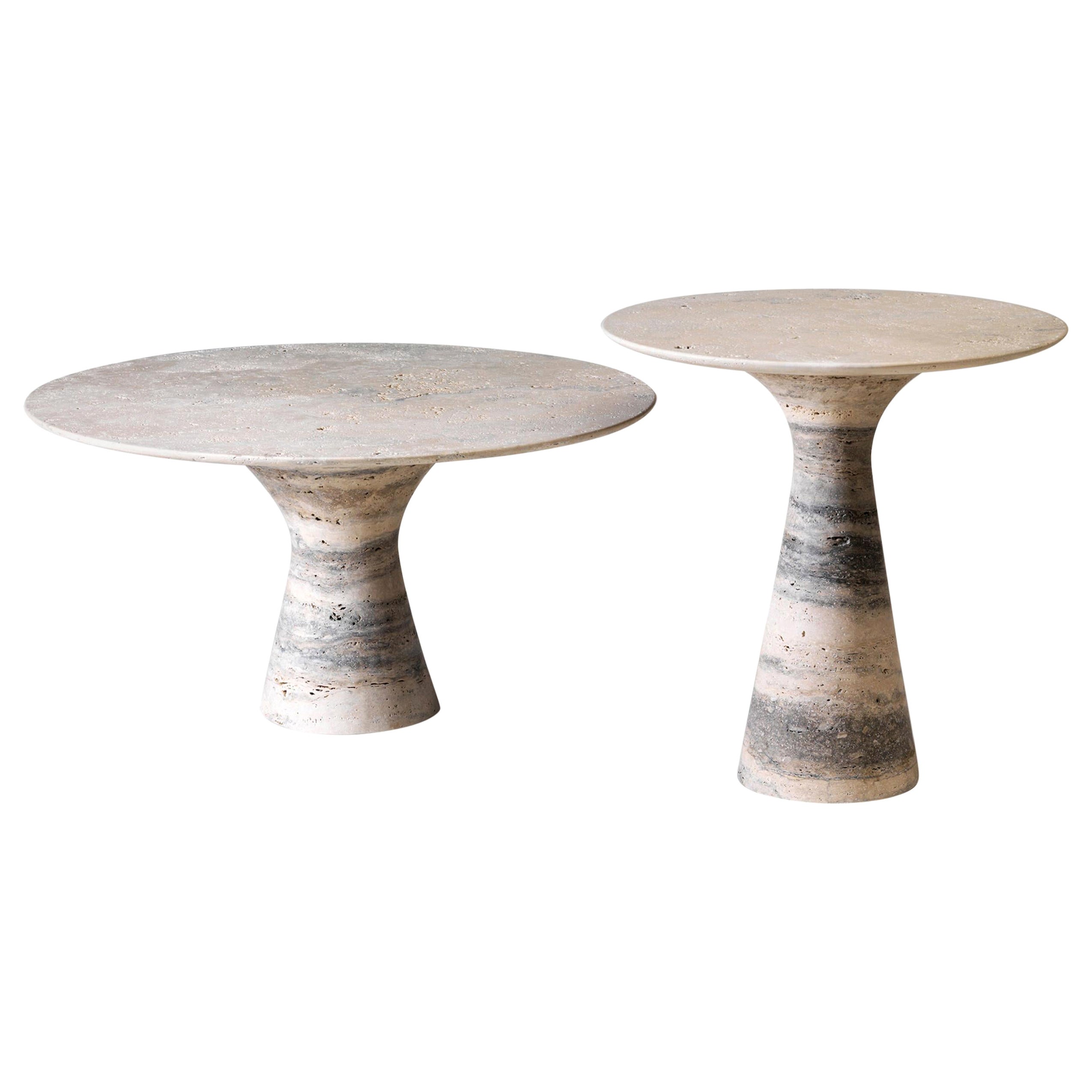 Refined Set of 2 Travertino Silver Contemporary Marble Side Tables For Sale