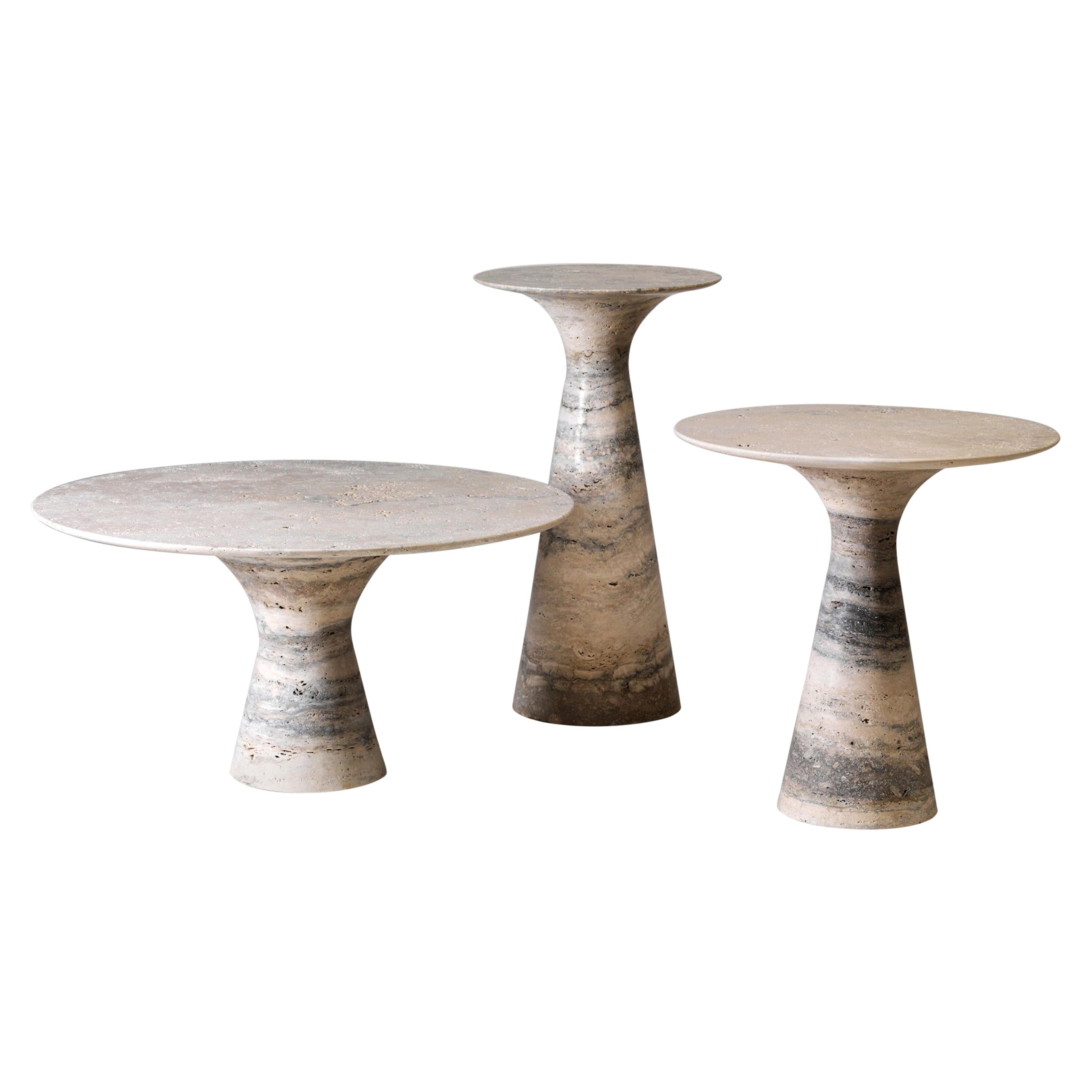 Refined Set of 3 Travertino Silver Contemporary Marble Side Tables For Sale