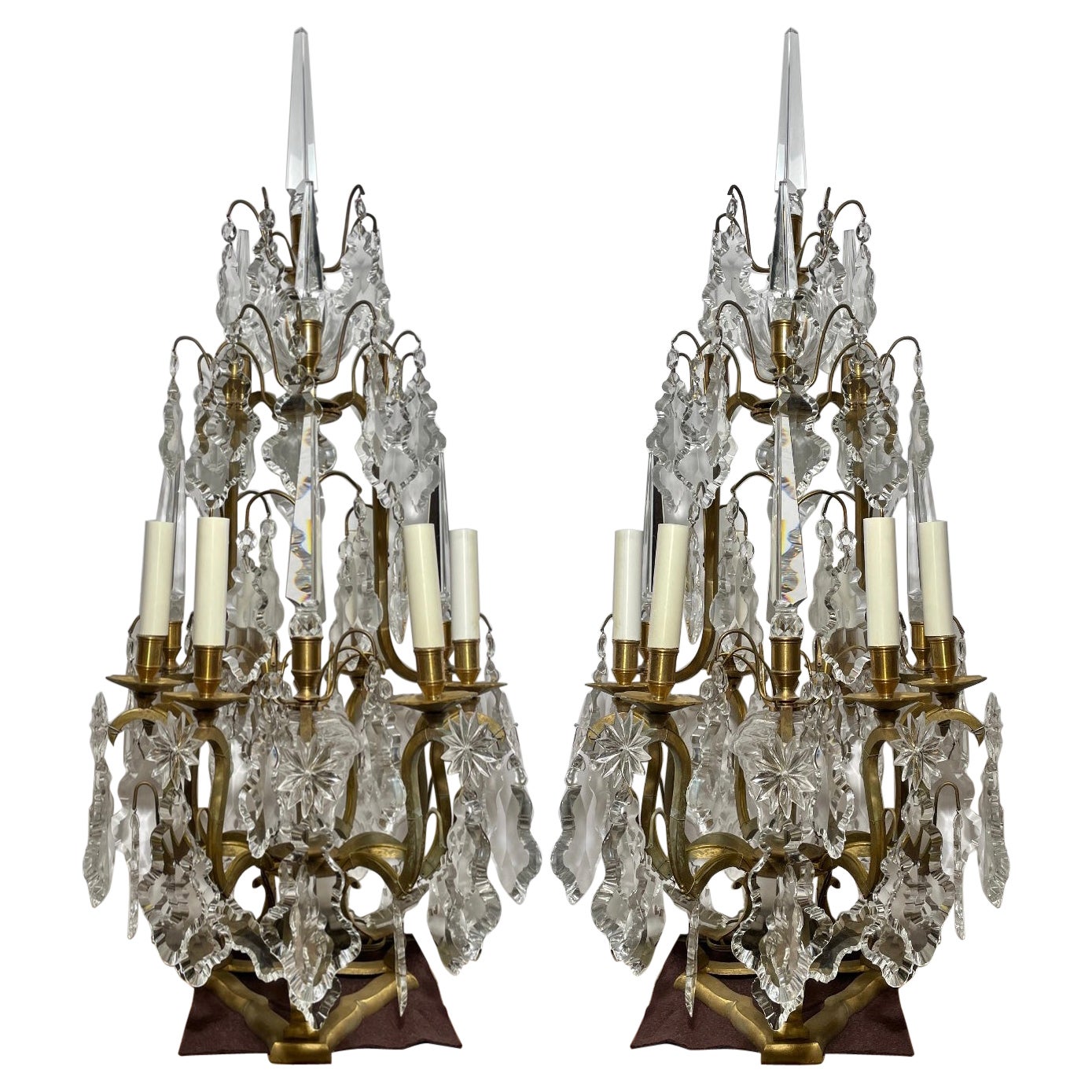 Pair Antique French Gold Bronze and Cut Crystal Candelabra, Circa 1900