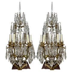 Pair Antique French Gold Bronze and Cut Crystal Candelabra, Circa 1900