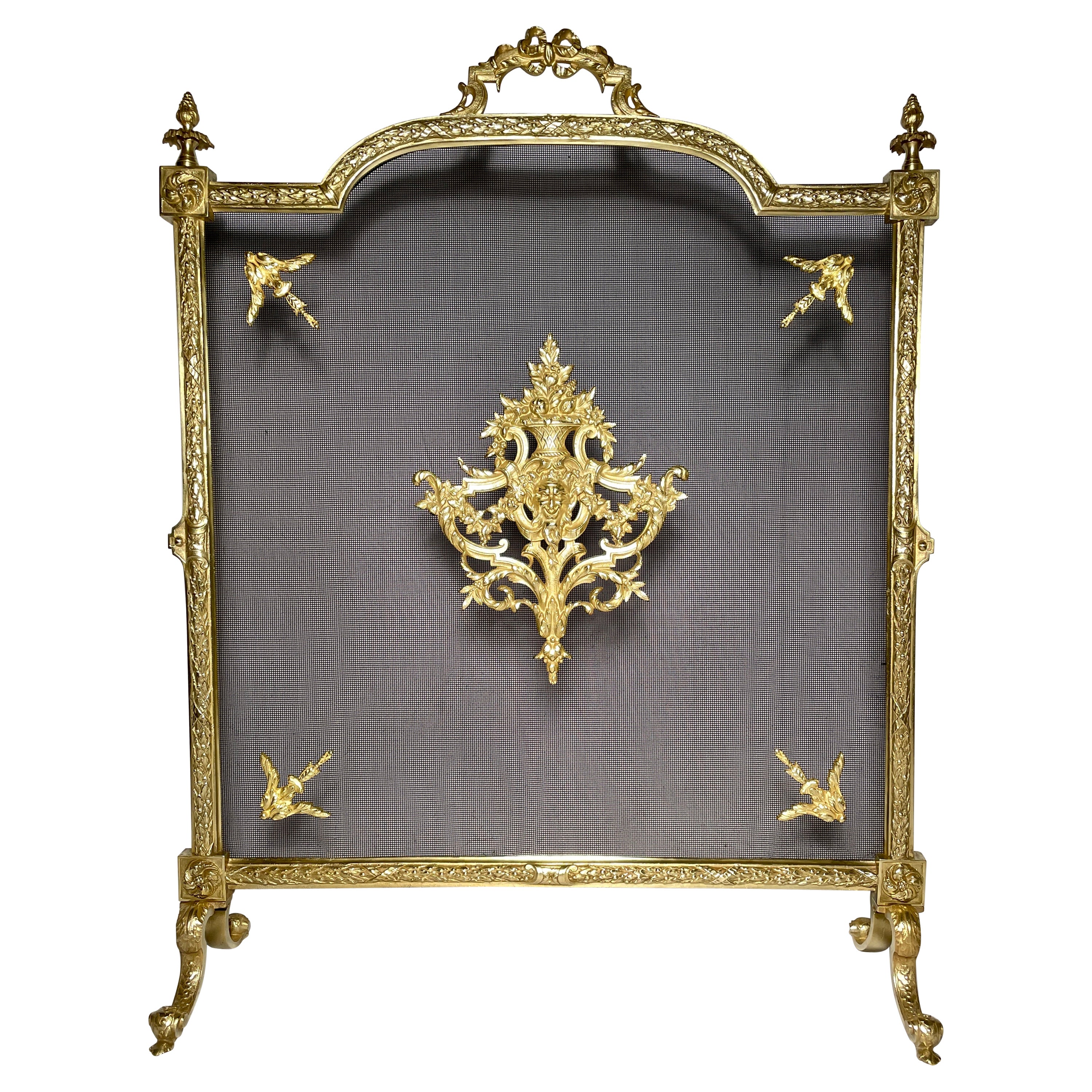 Antique French Louis XVI Gold Bronze Fire Screen, Circa 1890. For Sale