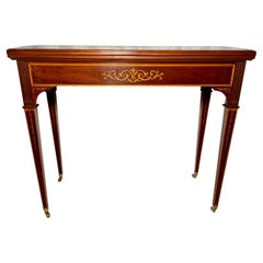 Ancienne table à cartes anglaise « Edwards & Roberts » en acajou incrusté vers 1890