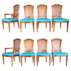 8 Henredon Louis XVI Style Cane Back Dining Chairs in Carved Walnut