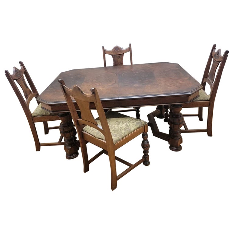 Vintage American Hardwood Dining Table and Chairs Set of 5 For