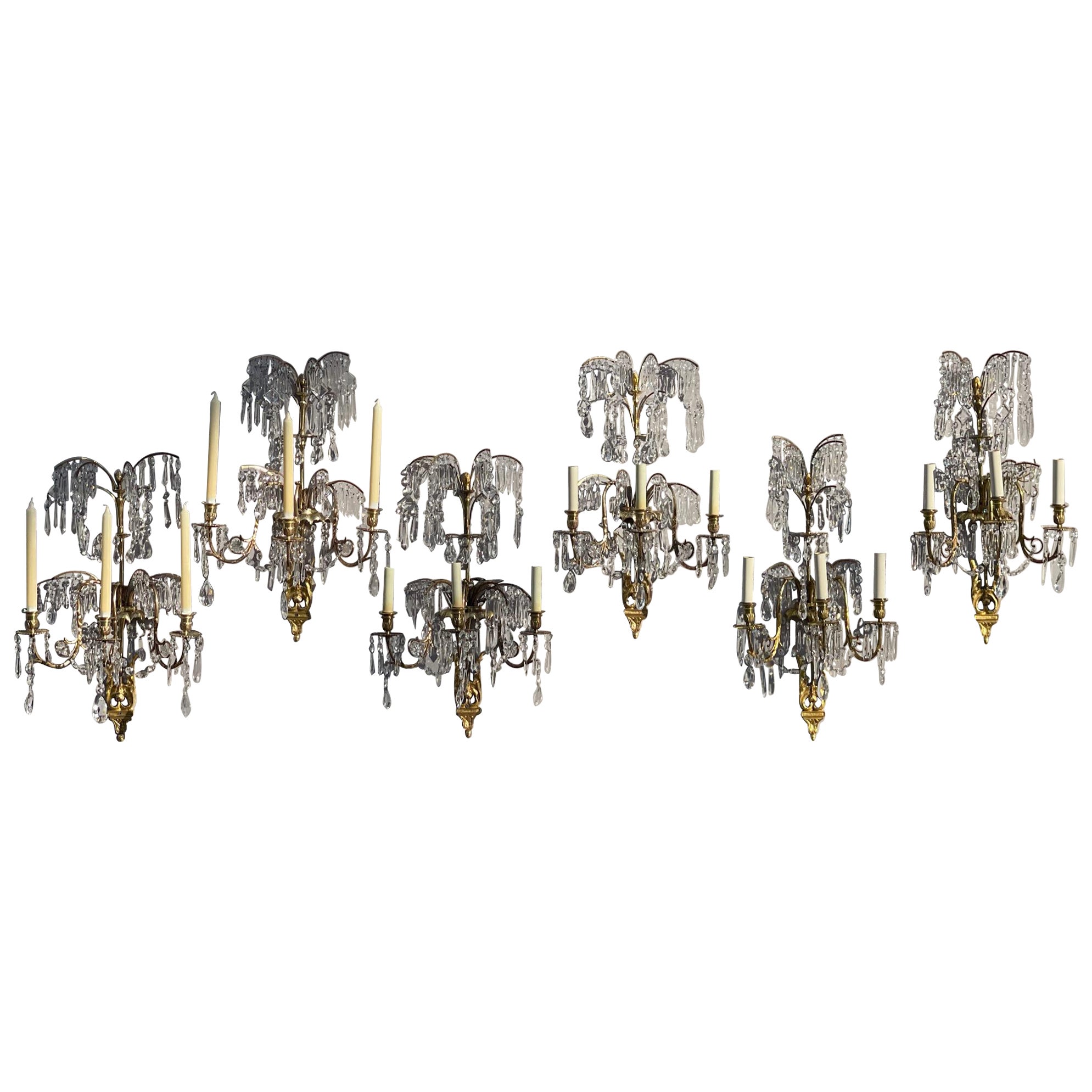 A Set of Six Christal Hung Swedish Neo-Classical Wall Sconces For Sale