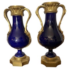 19th Century Sevres Cobalt & Ormolu Mounted Bronze Urns, Pair