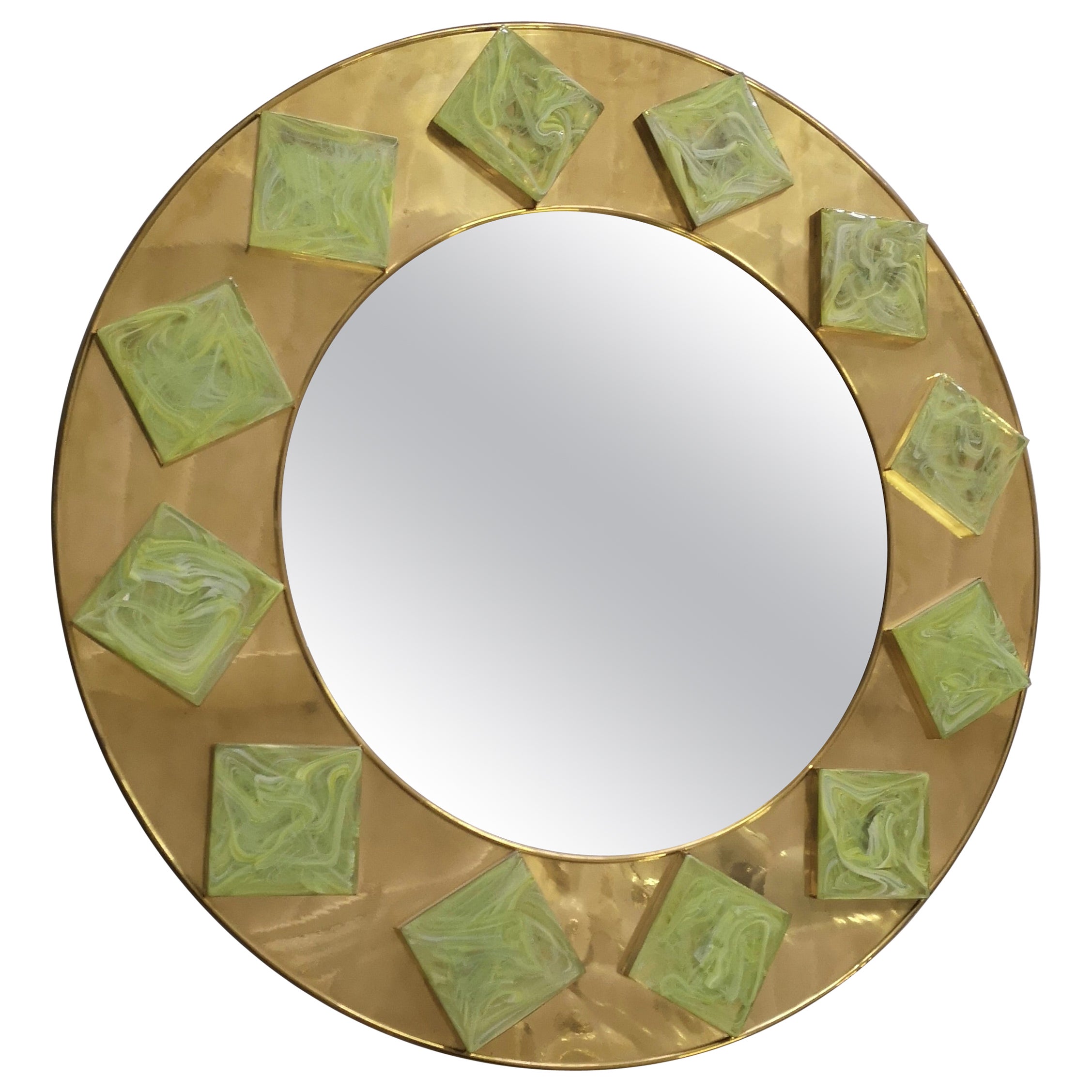 Murano Brass and Green Art Glass Midcentury Wall Mirror, 2000 For Sale