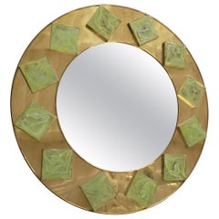 Murano Brass and Green Art Glass Midcentury Wall Mirror, 2000