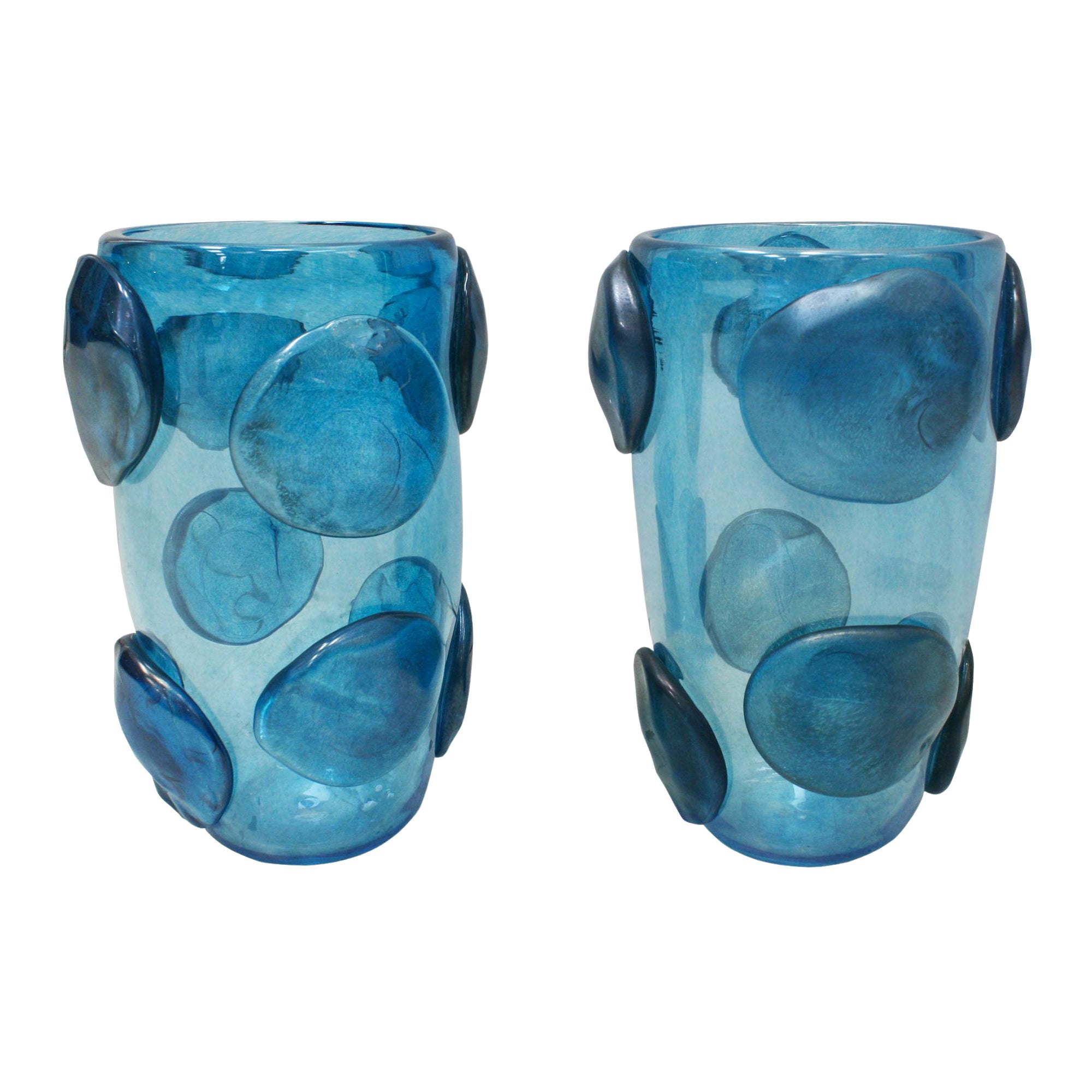 Pareja de jarrones italianos de cristal de Murano azul Costantini modernos de mediados de siglo
