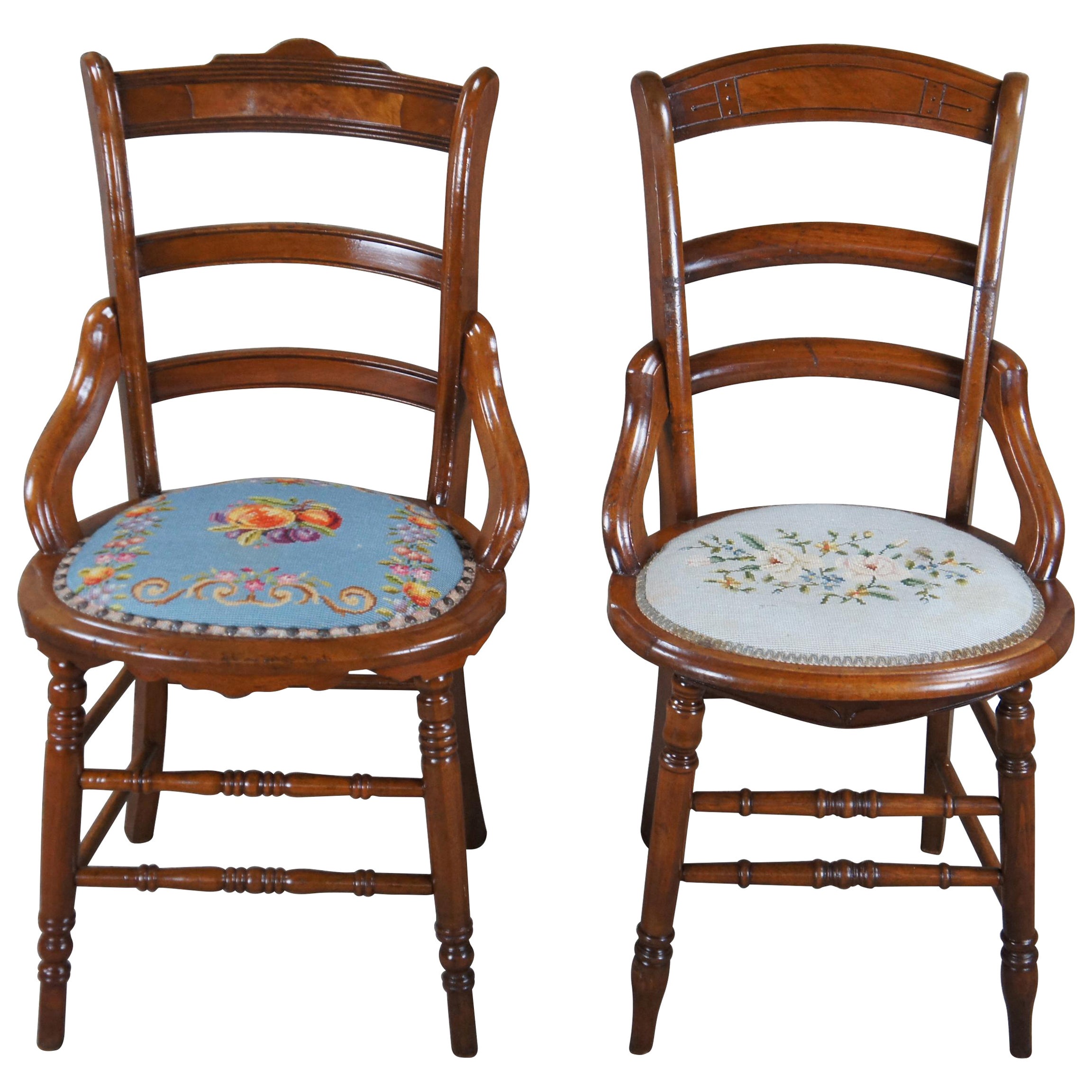 2 Antique Victorian Eastlake Walnut Ladderback Needlpoint Side Parlor Chairs