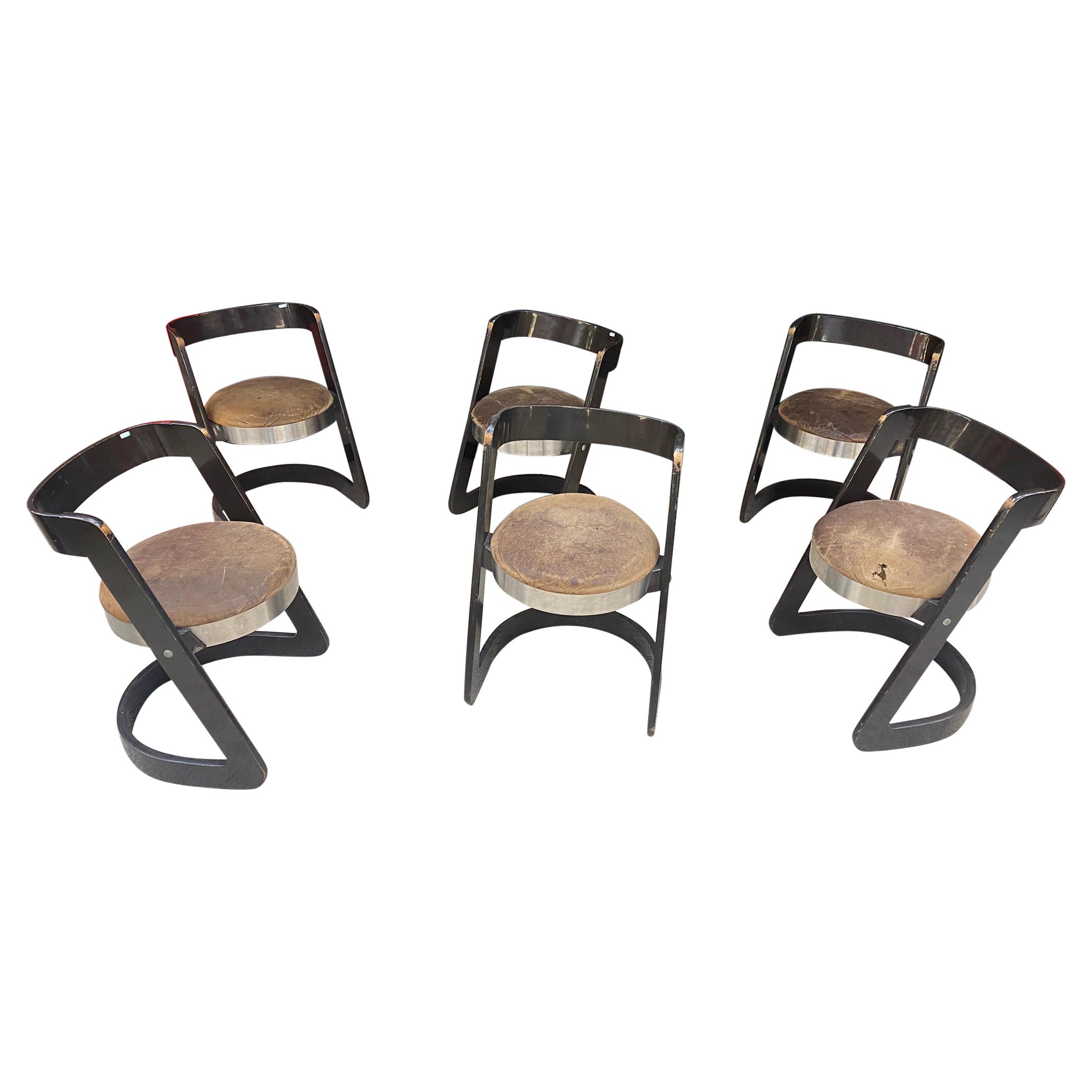 Willy Rizzo, Set of 6 Chairs in Lacquered Wood and Steel for Mario Sabot, Italy