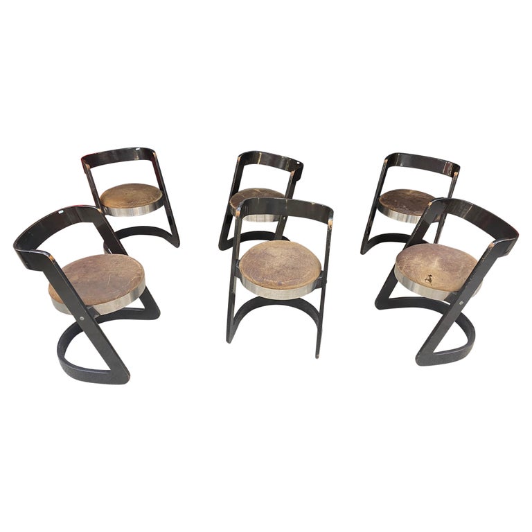 Willy Rizzo, Set of 6 Chairs in Lacquered Wood and Steel for Mario Sabot,  Italy For Sale at 1stDibs