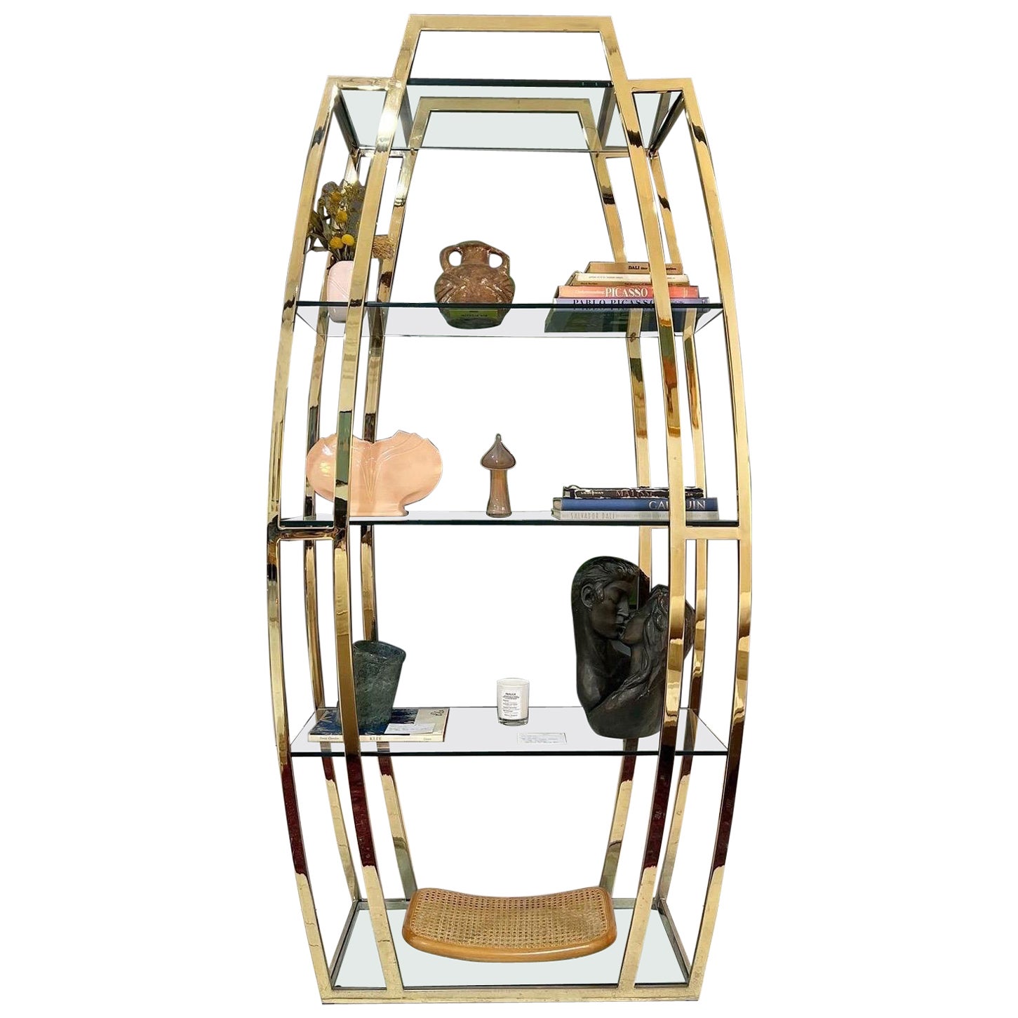 Vintage 1980s Brass Etagere with Glass Shelving For Sale