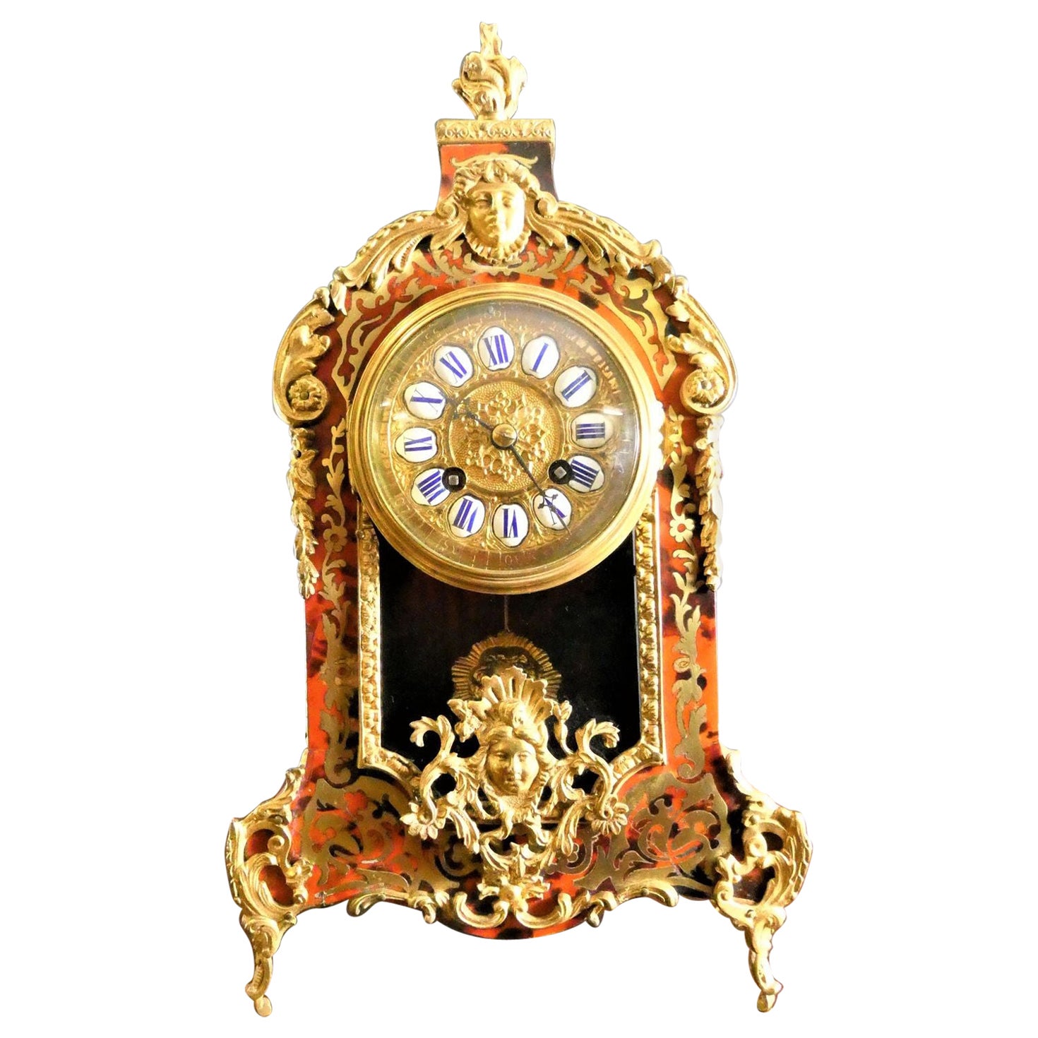 French Red Tortoiseshell Boulle Clock, Samuel Marti, Paris