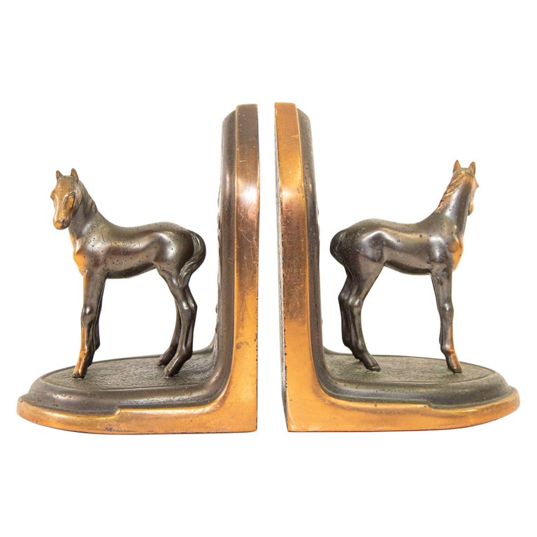 Vintage Arabian Horses Copper Bronze Bookends Equestrian Decor Art Nouveau Style For Sale