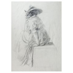 Antique Late 19th Century Woman in Bonnet Drawing