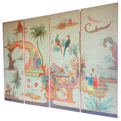 Antique European Chinoiserie Style Painted Folding Screen Mural, 19th Century