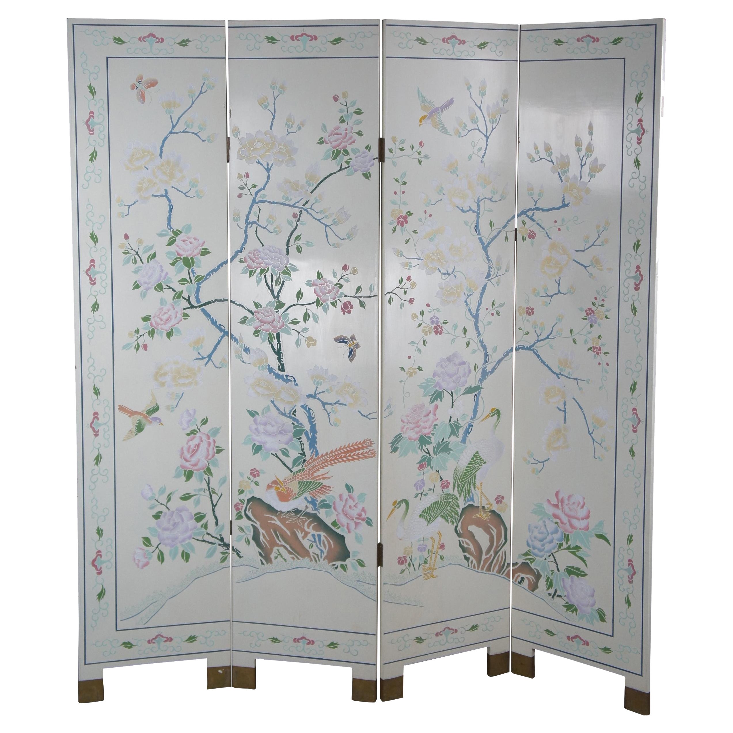 Polychrome White Lacquer Hong Kong Chinoiserie Folding Screen Room Divider Birds