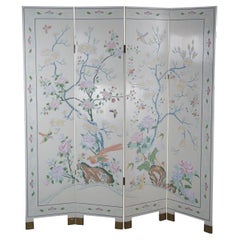 Polychrome White Lacquer Hong Kong Chinoiserie Folding Screen Room Divider Birds